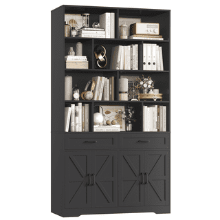 Homfa 82"H Bookcase with 2 Drawers and 4 Doors, 4-Tier Open Cube Bookcase with Cabinets, for Study Home Office Living Room, Black