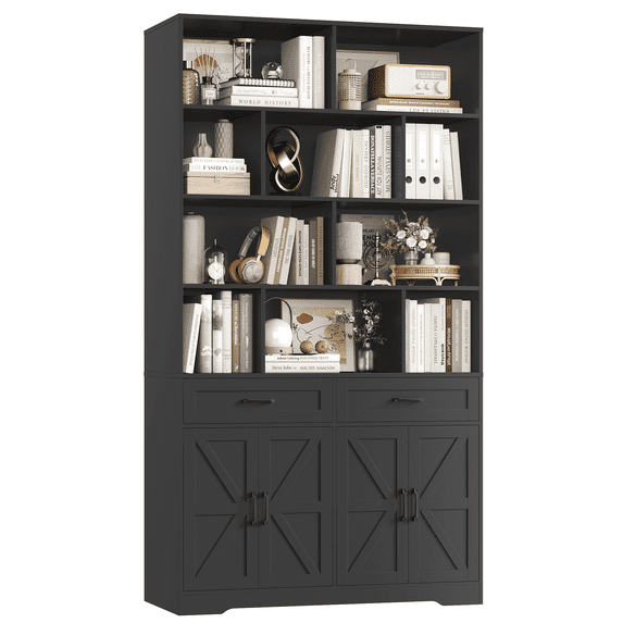 Homfa 82"H Bookcase with 2 Drawers and 4 Doors, 4-Tier Open Cube Bookcase with Cabinets, for Study Home Office Living Room, Black