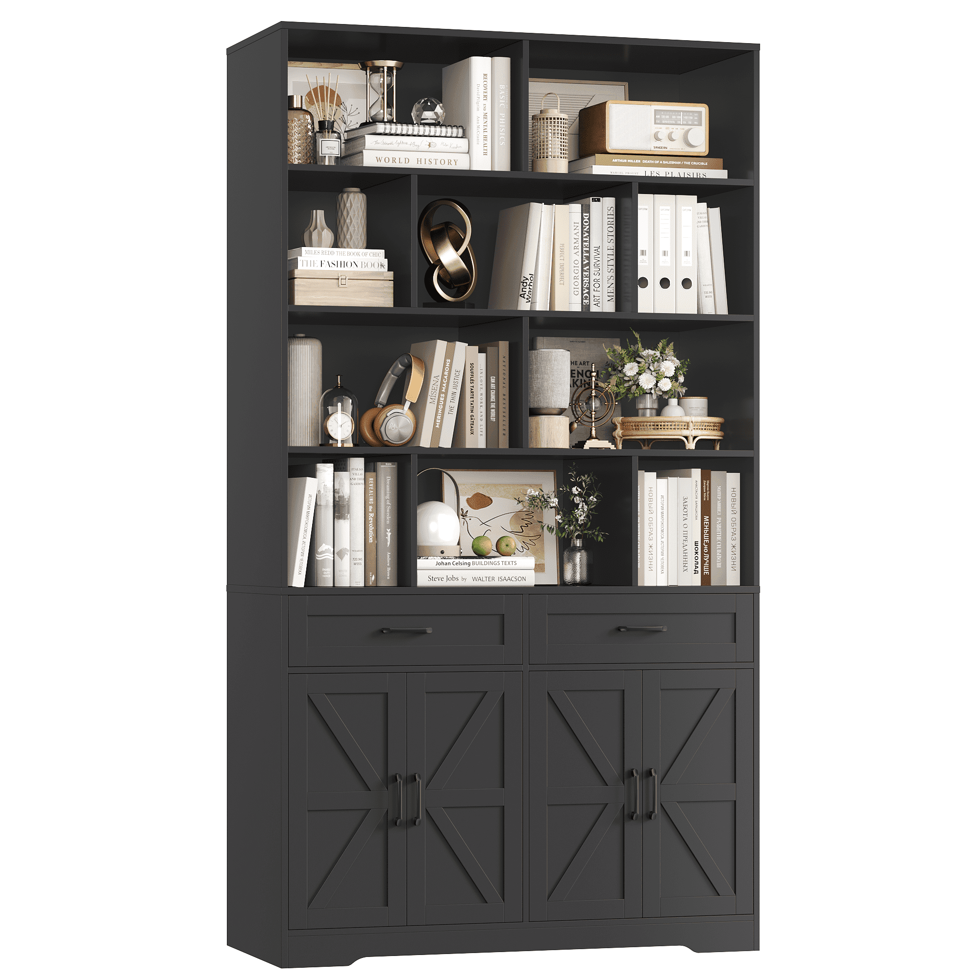 Homfa 82"H Bookcase with 2 Drawers and 4 Doors, 4-Tier Open Cube Bookcase with Cabinets, for Study Home Office Living Room, Black