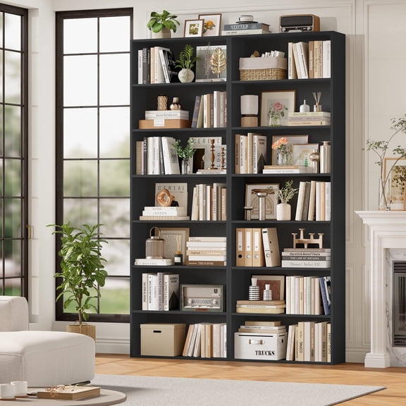 Homfa 82" Tall Bookcases Set of 2, Freestanding Display Storage Shelves, 7-Tier Open Bookshelf for Home Office Living Room Bedroom, Black
