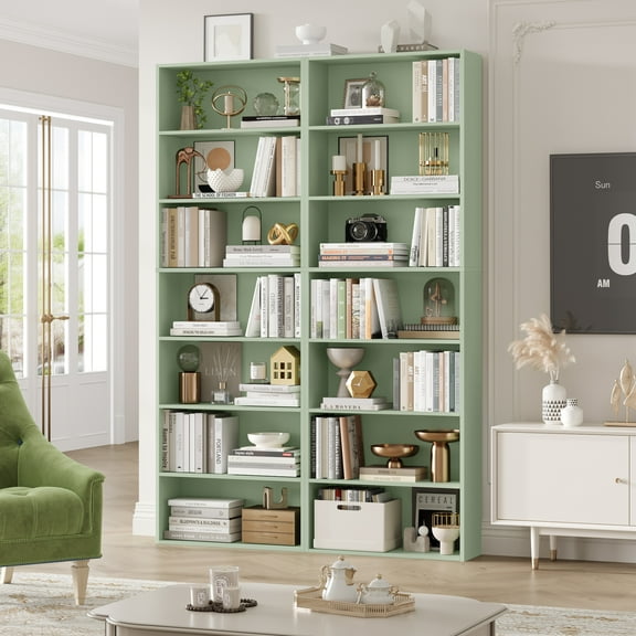 Homfa 82" Tall Bookcases Set of 2, Freestanding Display Storage Shelves, 7-Tier Open Bookshelf for Home Office Living Room Bedroom, Green