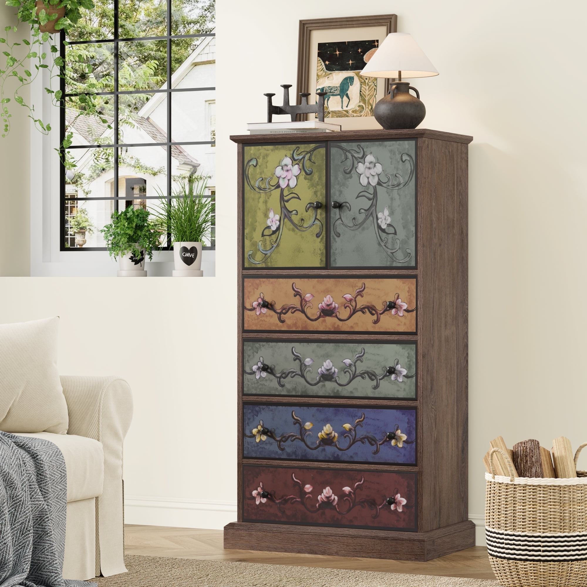 Homfa 50 Tall Dresser with 4 Drawers, Boho Vintage Dresser with 2 Doors, Wood Drawers Chest for Bedroom Living Room Entryway
