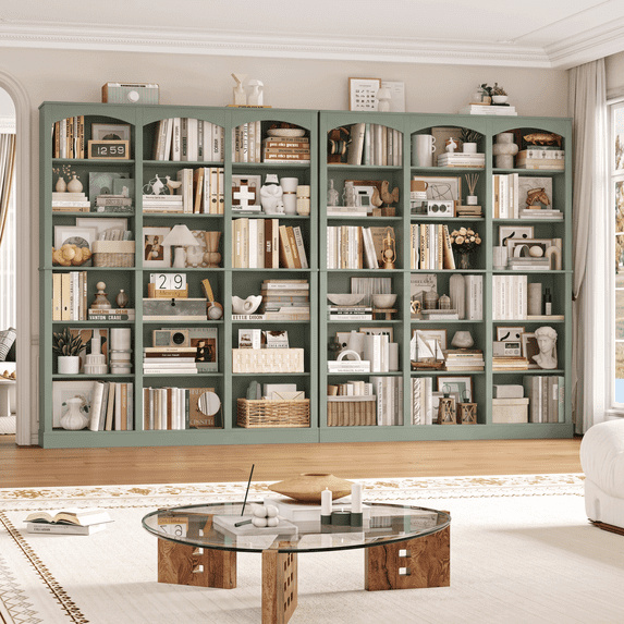 Homfa Arch Bookcase Set of 2, Triple Width Library Bookcase for Home Office Living Room, Green