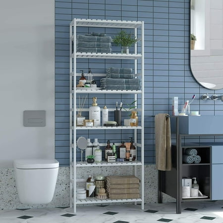 Homfa Bamboo Shelf 6 Tier, 63.4'' Free Standing Bookshelf Plant Flower Stand Rack Bathroom Storage Tower, Multipurpose Utility Organizer Shelf, White