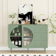 Homfa Bar Cabinet with Semi-circle Door, Modern Wine Cabinet Buffet with 2 Glass Cup Holders, Sideboard Buffet Cabinet with 3 Drawers for Living Dining Kitchen Room, Green