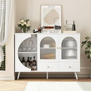 Homfa Bar Cabinet with Semi-circle Door, Modern Wine Cabinet Buffet with 2 Glass Cup Holders, Sideboard Buffet Cabinet with 2 Drawers for Living Dining Kitchen Room, White