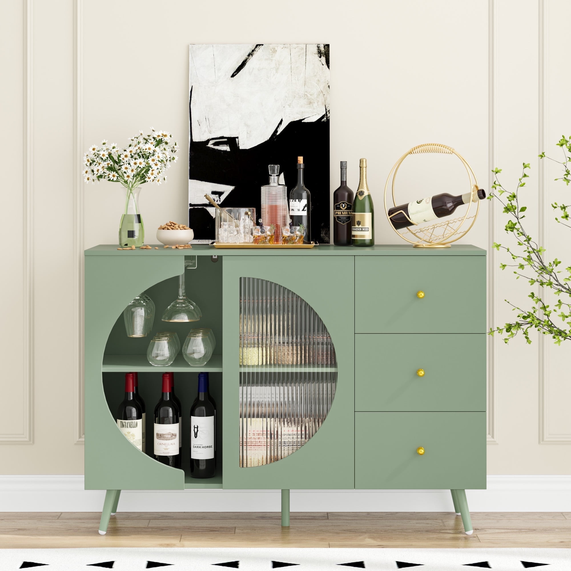 Homfa Bar Cabinet - 2 Glass Holders, 3 Drawers, Living Homfa Bar Cabinet - 2 Glass Holders, 3 Drawers, Living