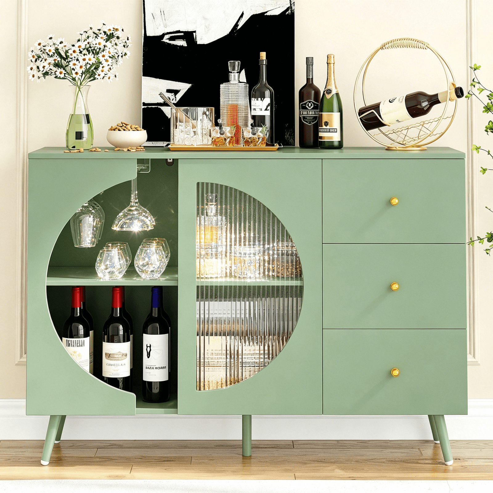 Homfa Coffee Bar Cabinet with 3 Drawers & Glass Door, Modern Buffet Sideboard Bar Table for Dining Room, Green