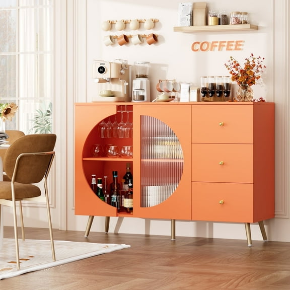 Homfa Coffee Bar Cabinet with 3 Drawers & Glass Door, Modern Buffet Sideboard Bar Table for Dining Room, Orange