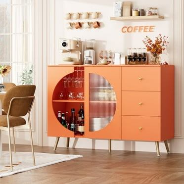 Homfa Bar Cabinet with 2 Glass Cup Holders & 3 Drawers, Modern Sideboard for Living Dining Kitchen Room, Orange