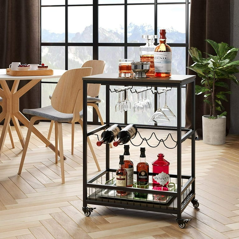 Homfa Wood Home Small Bar Cart Mobile Wine Rack Table with Glass Holder Dark Brown Walmart