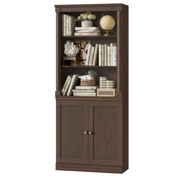 Homfa 71"H Bookcase with Doors, 5 Tier Storage Bookshelf with Adjustable Shelf for Study Home Office, Reddish-Brown