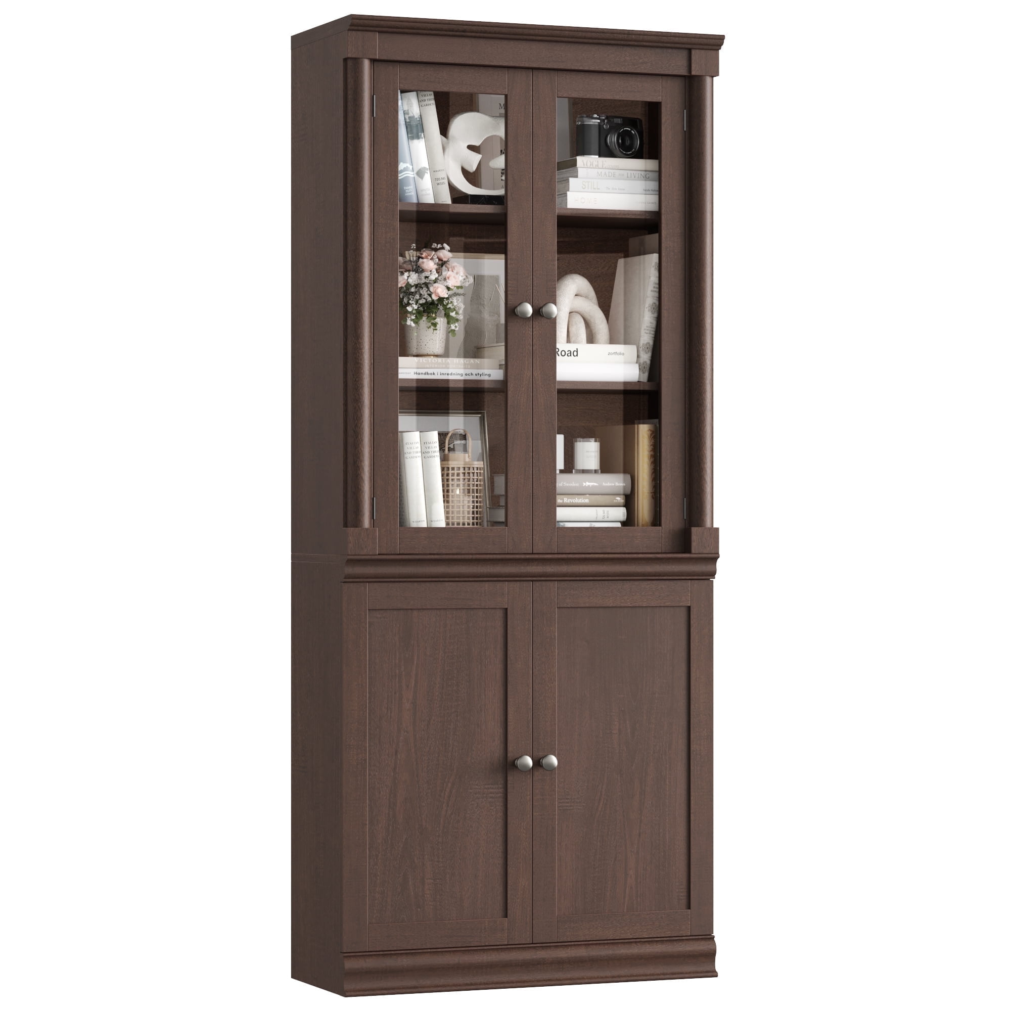 Homfa 71"H Bookcase with Glass Doors, 5 Tier Storage Bookshelf with Adjustable Shelf for Study Home Office,Reddish-Brown