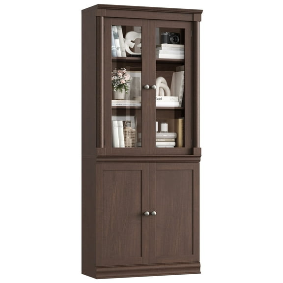 Homfa 71"H Bookcase with Glass Doors, 5 Tier Storage Bookshelf with Adjustable Shelf for Study Home Office,Reddish-Brown