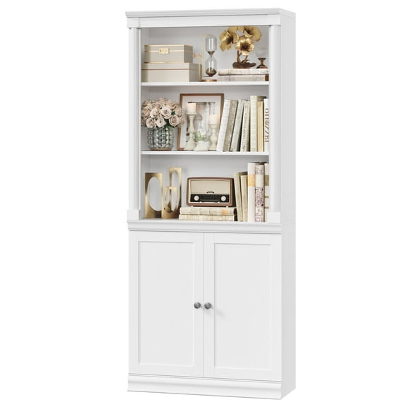 Homfa 71"H Bookcase with Doors, 5 Tier Storage Bookshelf with Adjustable Shelf for Study Home Office, White