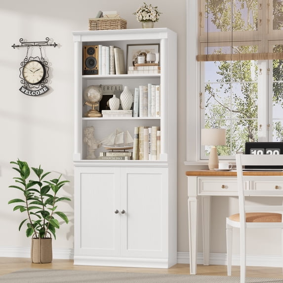 Homfa 71"H Bookcase with Doors, 5 Tier Storage Bookshelf with Adjustable Shelf for Study Home Office, White
