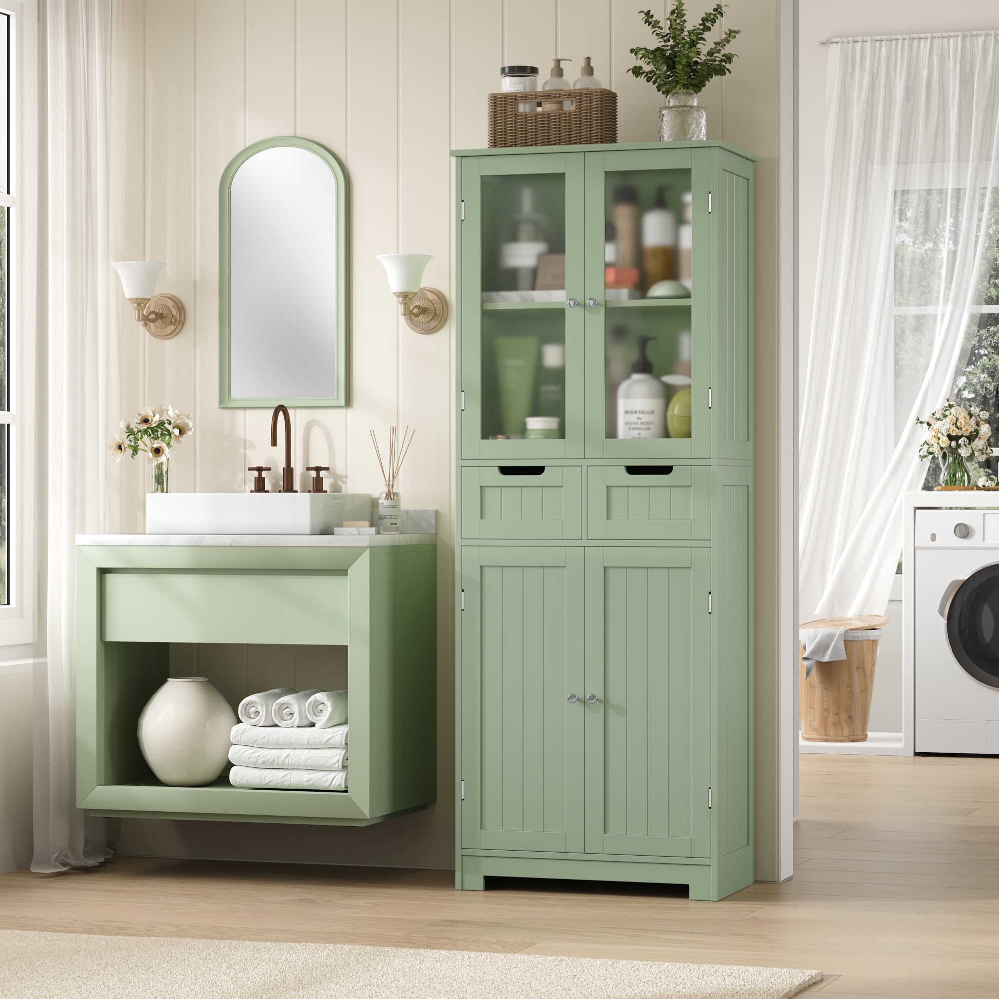 Homfa Bathroom Cabinet, 3-Tier Wood Tall Linen Storage Cabinet with 2 Drawers and 4 Doors for Living Room Office, Green