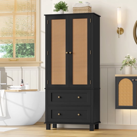 Homfa Bathroom Cabinet with Rattan Doors, Rattan Linen Storage Cabinet with 2 Drawers, Black