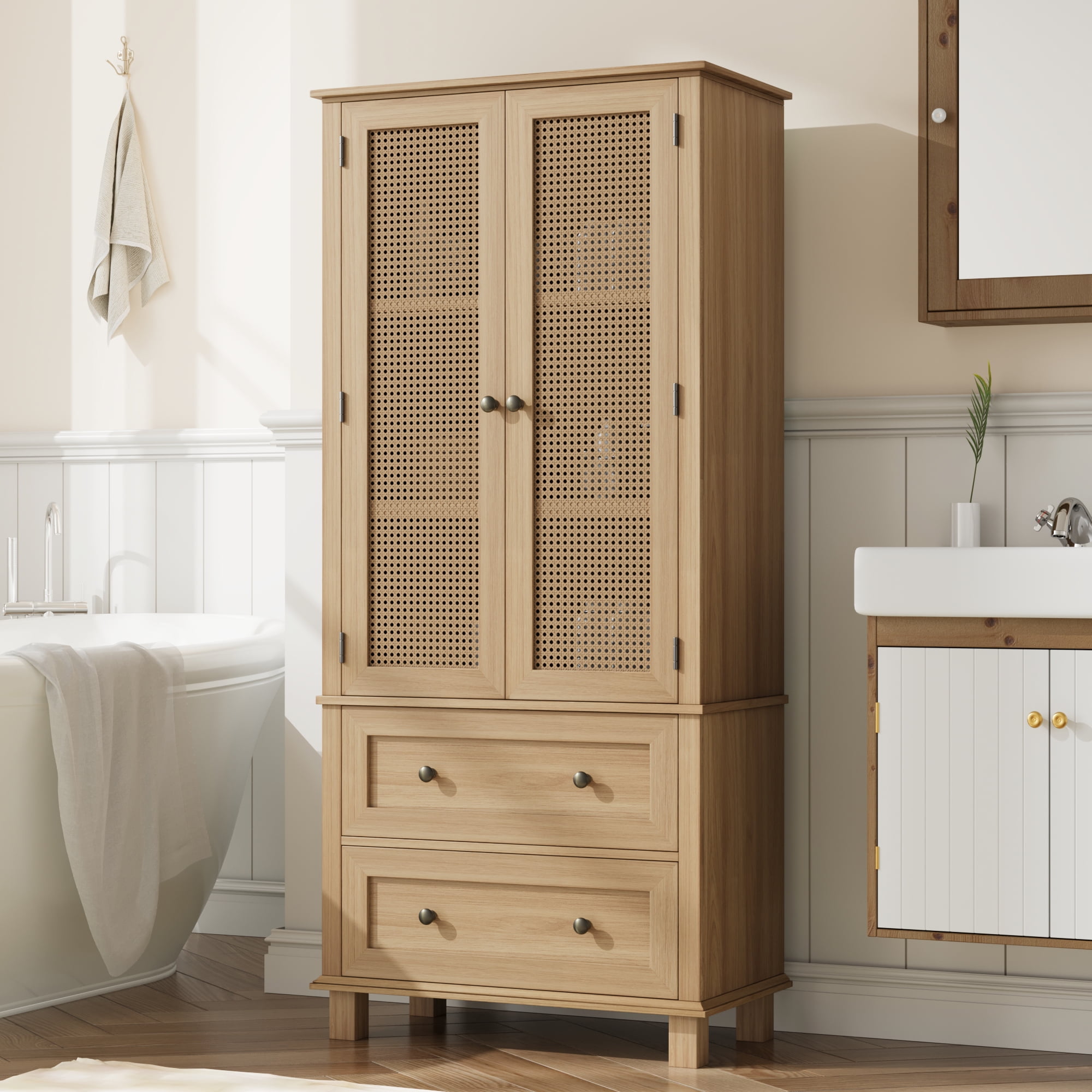 Homfa Bathroom Cabinet with Rattan Doors Rattan Linen Storage Cabinet