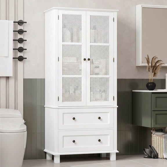 Homfa Bathroom Cabinet with Rattan Doors, Rattan Linen Storage Cabinet with 2 Drawers, White