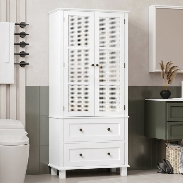Homfa Bathroom Cabinet with Rattan Doors, Rattan Linen Storage Cabinet with 2 Drawers, White
