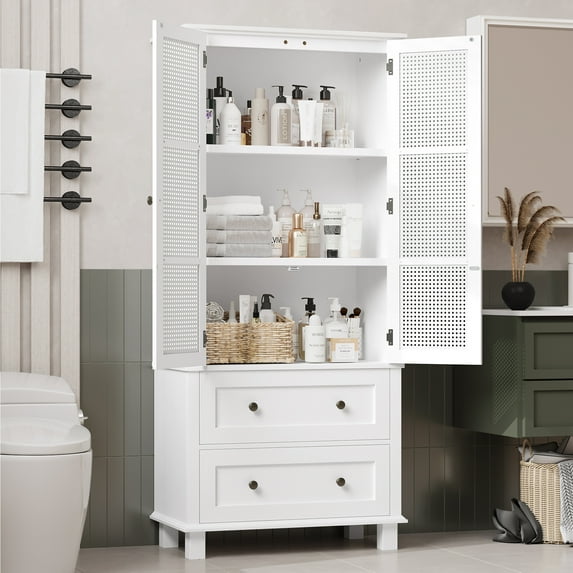 Homfa Bathroom Cabinet with Rattan Doors, Rattan Linen Storage Cabinet with 2 Drawers, White