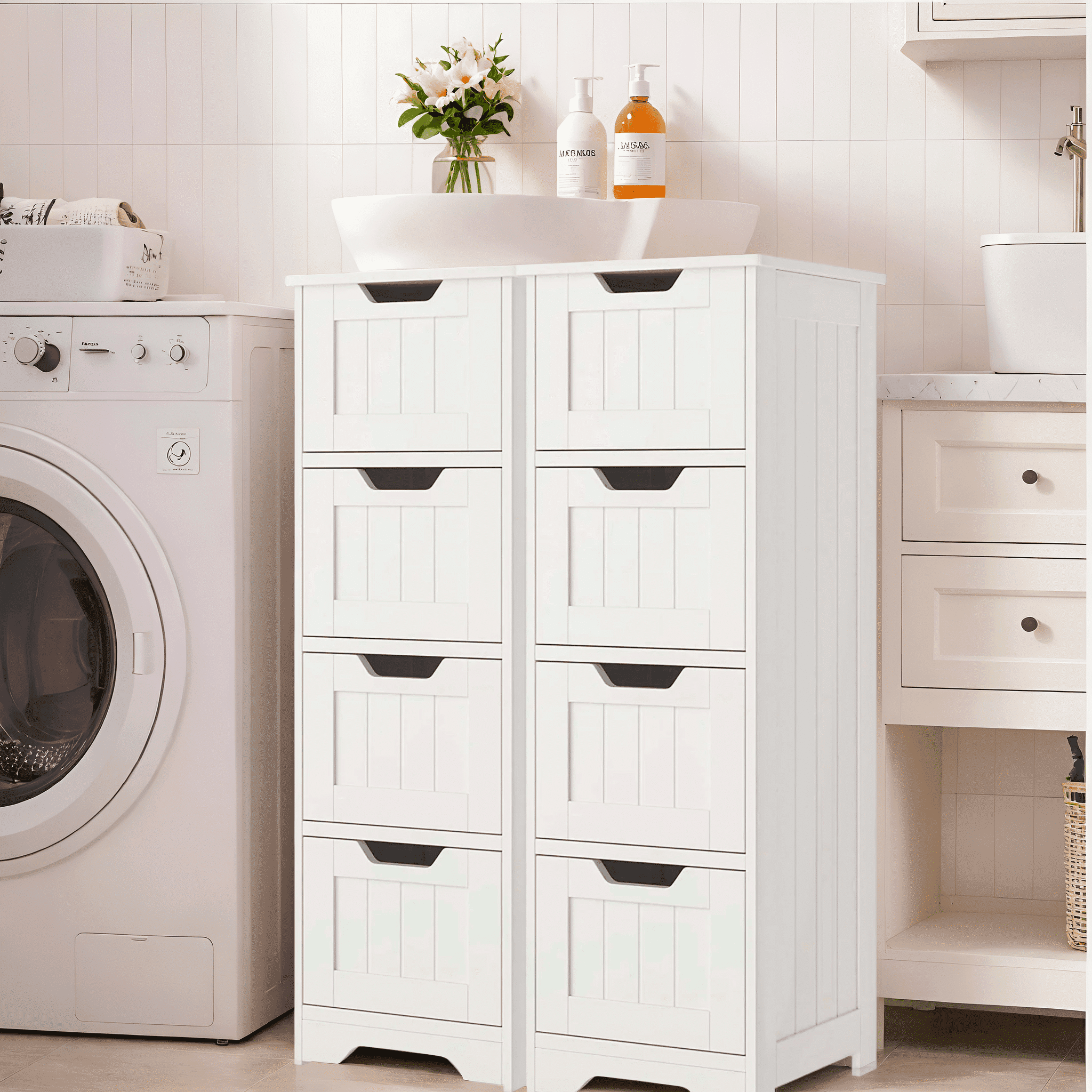 Homfa Bathroom Floor Cabinet with 4 Drawers, Free-Standing Medicine Cabinet Storage Organizer Unit for Living Room Bedroom, 2pcs, White