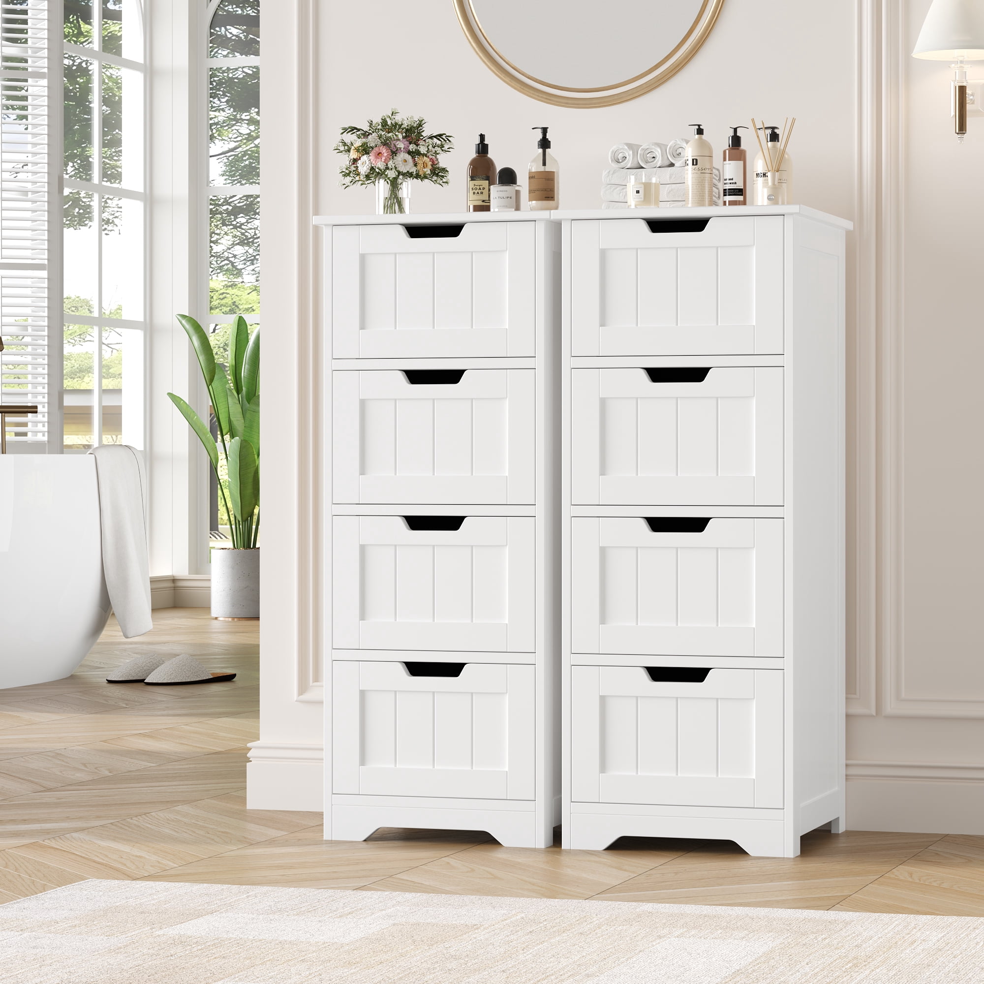 Homfa Bathroom Storage Cabinet, Free Standing Narrow Cabinet with 4 Drawers Entryway Storage Organizer for Living Room Bedroom, 2PCS, White