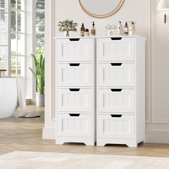 Homfa Bathroom Storage Cabinet, Free Standing Narrow Cabinet with 4 Drawers Entryway Storage Organizer for Living Room Bedroom, 2PCS, White