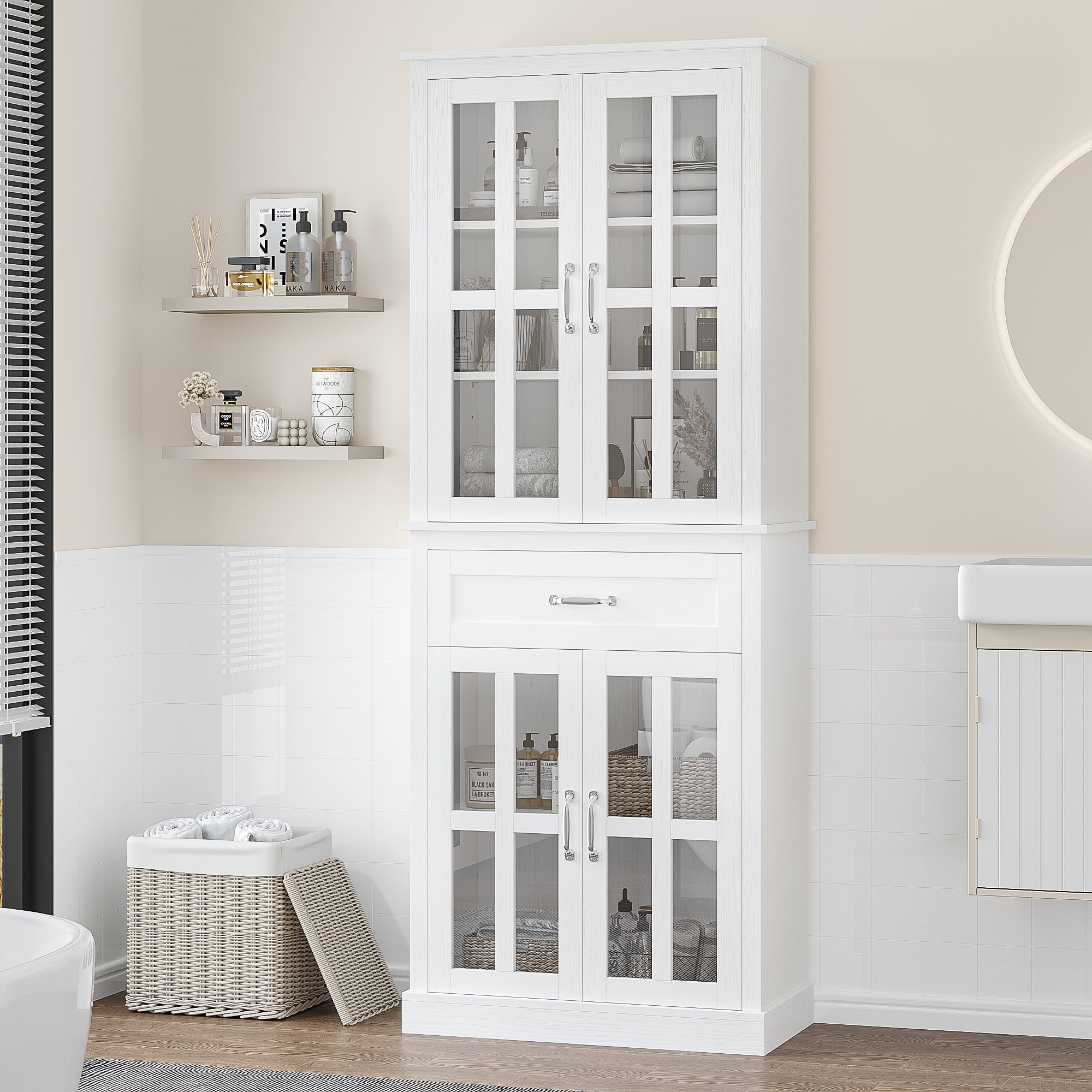 Homfa 71'' Tall Cupboard, Bathroom Floor Linen with 4 Glass