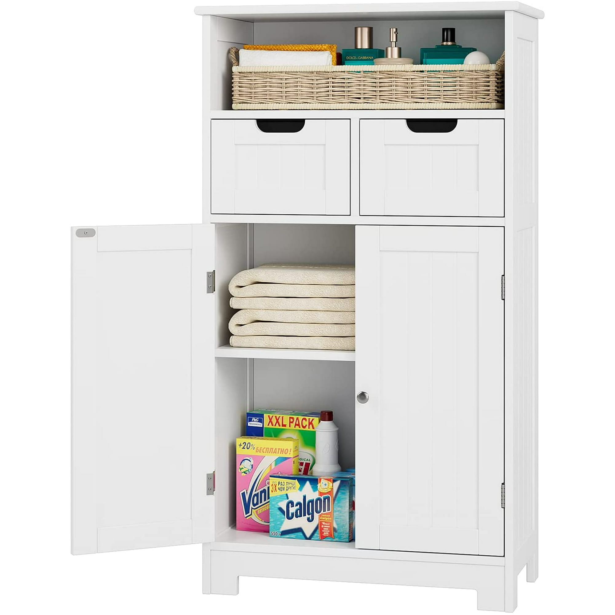 Homfa Bathroom Floor Storage Cabinet, Wood Linen Cabinet with Doors and Drawers and Adjustable Shelf, Kitchen Cupboard, Free Standing Organizer for Living Room Entryway Home Office, White - image 1 of 12