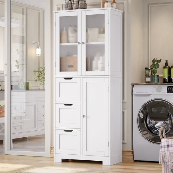 Homfa Bathroom Storage Cabinet, 56.6"H White Linen Cabinet with 3 Doors and 3 Drawers