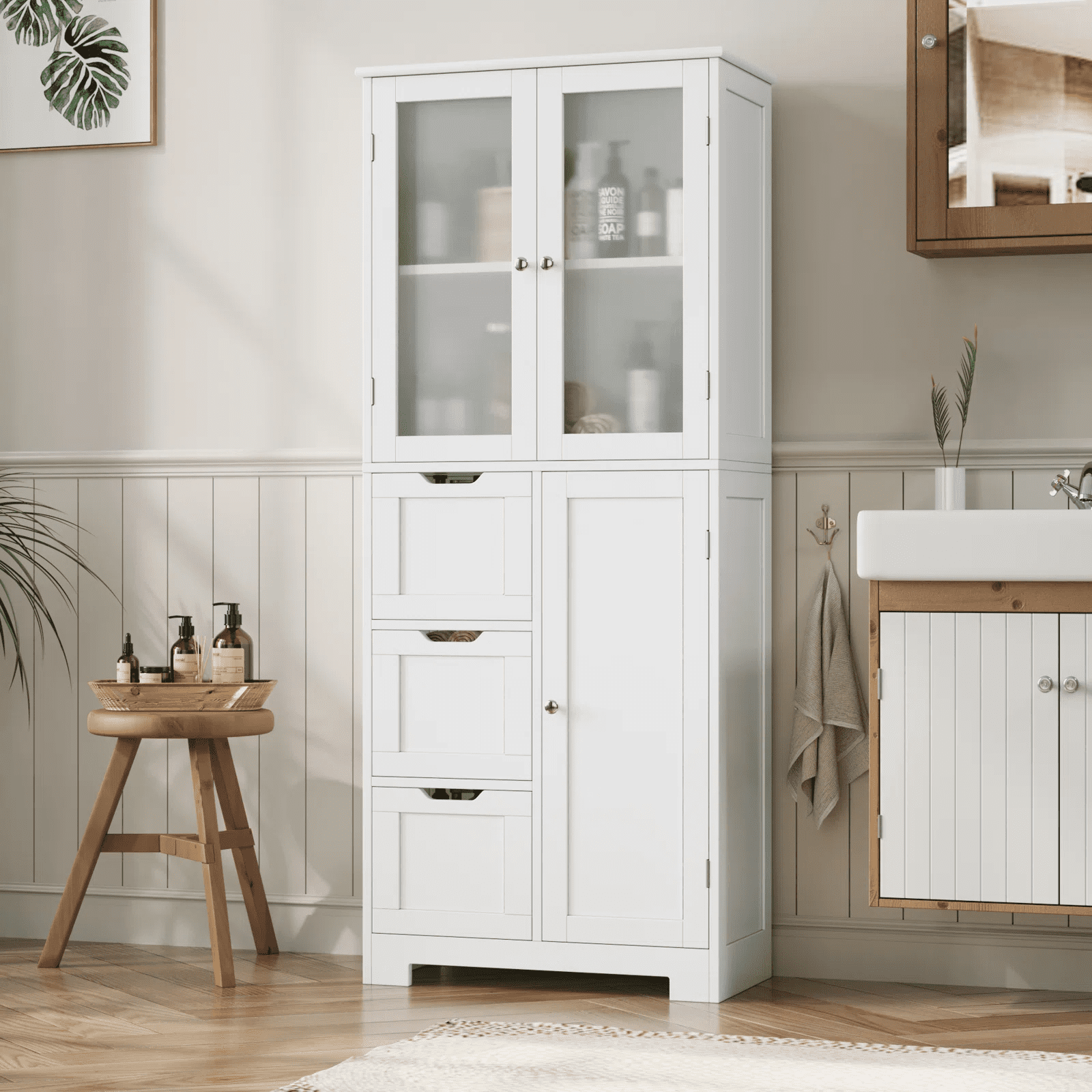 White cabinet bathroom storage discount