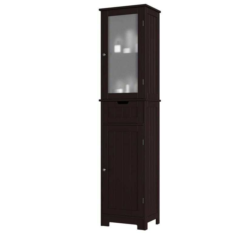 Homfa Tall Narrow Cabinet, 66.3 inch Free Standing Wood Bathroom Slim Tower with Doors and Adjustable Shelves, Oak Color, Size: One size, Brown