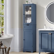 Homfa Bathroom Storage Tower, Narrow Linen Cabinet with Door and Drawers, Tall Bathroom Storage Cabinet for Small Spaces, Blue