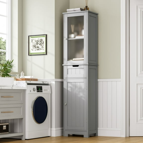 Homfa Bathroom Storage Tower, Narrow Linen Cabinet with Door and Drawers, Tall Bathroom Storage Cabinet for Small Spaces, Gray