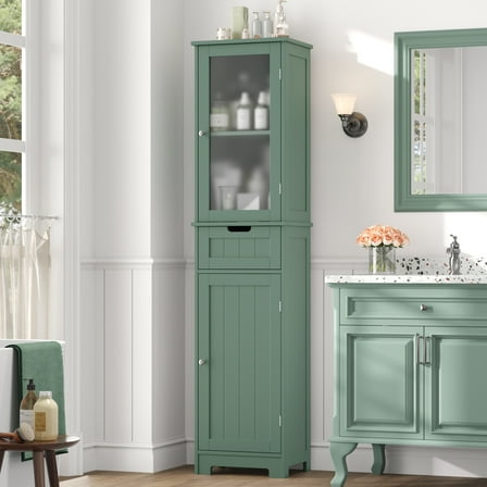 Homfa Bathroom Storage Tower, Narrow Linen Cabinet with Door and Drawers, Tall Bathroom Storage Cabinet for Small Spaces, Green