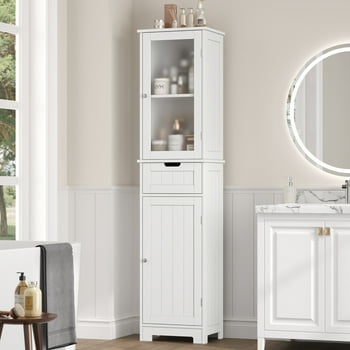 Homfa Bathroom Storage Tower, Narrow Linen Cabinet with Door and Drawers, Tall Bathroom Storage Cabinet for Small Spaces, White
