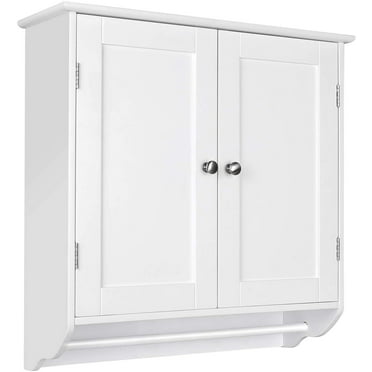 Homfa Bathroom Wall Cabinet, Double Door Wall Mounted Storage Cabinet with Adjustable Shelf and Towels Bar, White