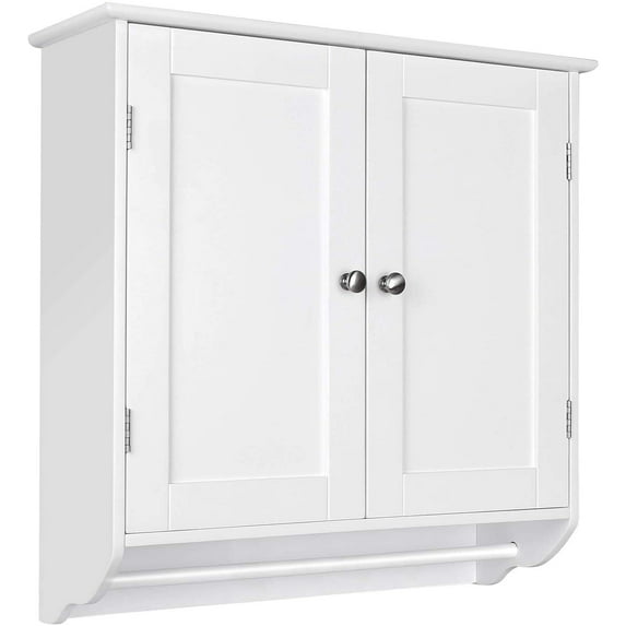 Homfa Bathroom Wall Cabinet, Double Door Wall Mounted Storage Cabinet with Adjustable Shelf and Towels Bar, White