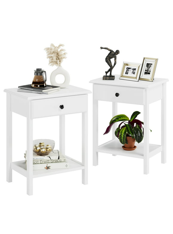 Homfa Bedroom Nightstands with One Drawer, Modern Side End Table for Living Room, Set of 2, White Finish