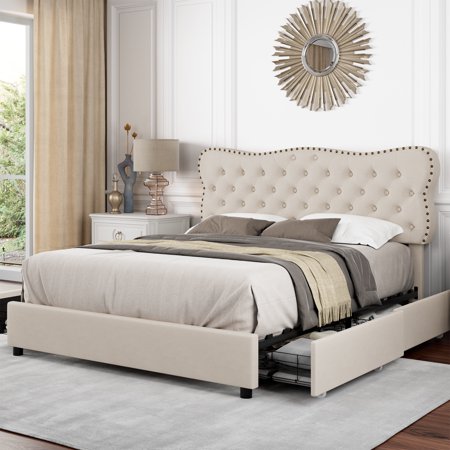 Homfa Beige Full Bed Frame with Drawer, Linen Upholstered Storage Platform Bed Frame with Button Tufted Headboard, Noise Free