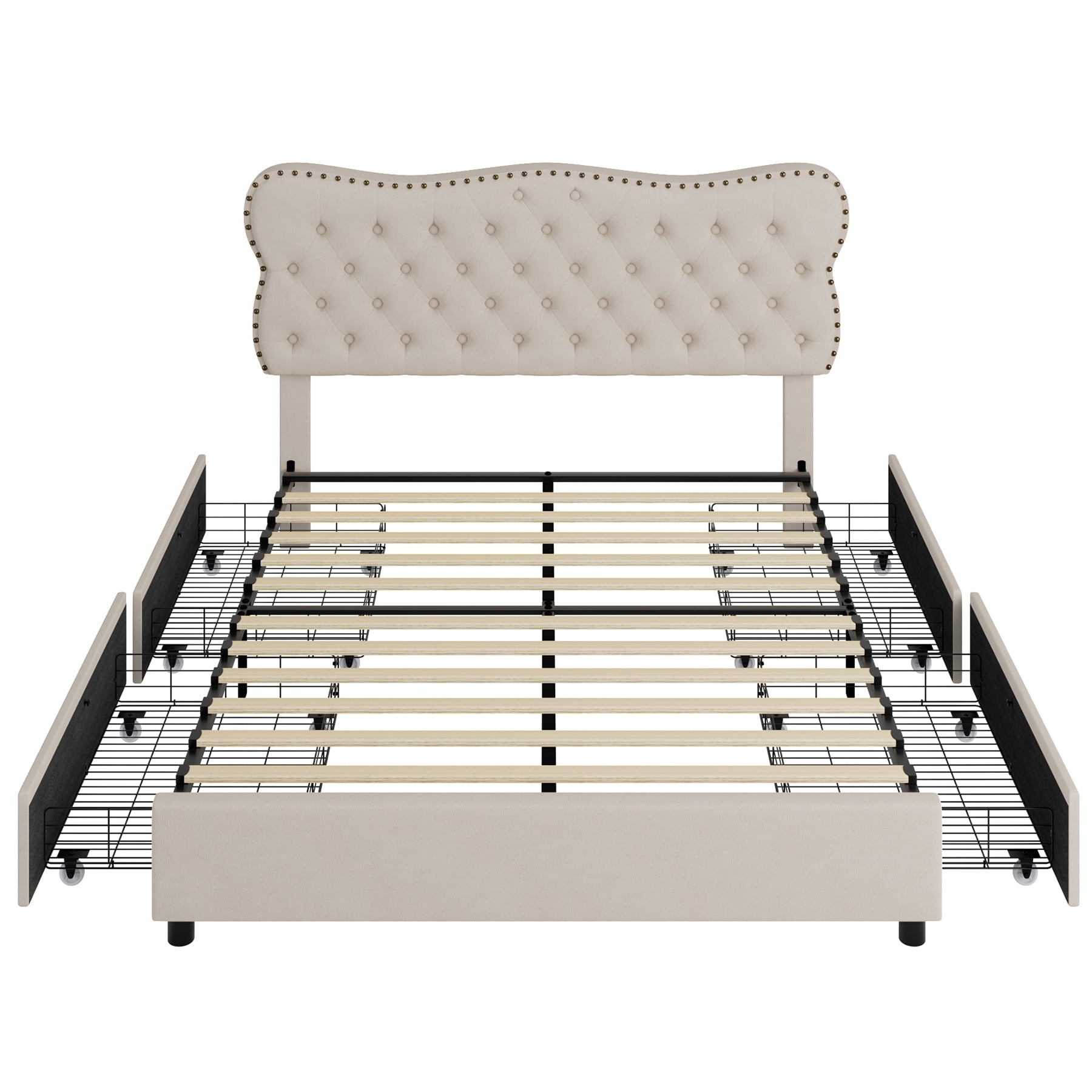 Homfa Beige Queen Bed Frame with Drawer, Linen Upholstered Storage