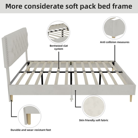 Homfa Beige Suede Soft Package Full Size Platform Bed, Comfortable Low Profile Bed Frame with Stable Structure for Bedroom