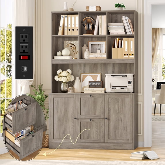 Homfa 71″ 6 Cubes Bookcases with 2 Storage Drawers and Charge Station, 3 Tier Bookshelf with Adjustable File Storage Cabinet for Living Room Home Office, Gray