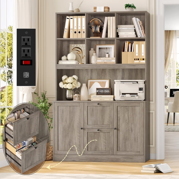 Homfa 71″ 6 Cubes Bookcases with 2 Storage Drawers and Charge Station, 3 Tier Bookshelf with Adjustable File Storage Cabinet for Living Room Home Office, Gray
