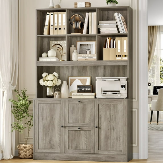 Homfa 71″ 6 Cubes Bookcases with 2 Storage Drawers and Charge Station, 3 Tier Bookshelf with Adjustable File Storage Cabinet for Living Room Home Office, Gray