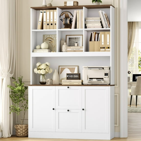 Homfa 71″ 6 Cubes Bookcases with 2 Storage Drawers and Charge Station, 3 Tier Bookshelf with Adjustable File Storage Cabinet for Living Room Home Office, White