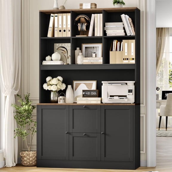 Homfa 71″ 6 Cubes Bookcases with 2 Storage Drawers and Charge Station, 3 Tier Bookshelf with Adjustable File Storage Cabinet for Living Room Home Office, Black