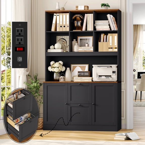 Homfa 71″ 6 Cubes Bookcases with 2 Storage Drawers and Charge Station, 3 Tier Bookshelf with Adjustable File Storage Cabinet for Living Room Home Office, Black